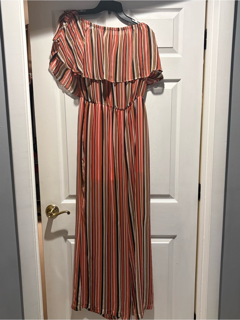 New York & Co Striped Off-Shoulder Jumpsuit in Coral Brown and Cream S/med